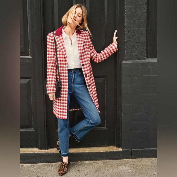 Boden Jackets & Blazers - Boden Eastbourne Wool Blend Houndstooth Coat Red Cream UK 14L / US 10L